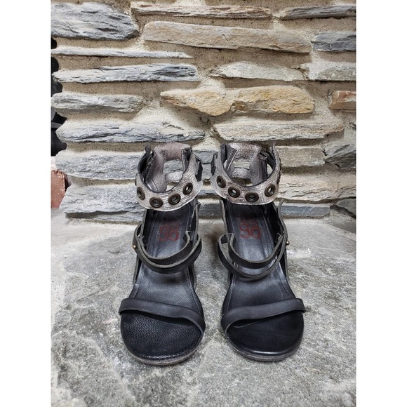 A.S.98 Ankle Strap Snap Button Wedges 41=9.5 Black Silver - Picture 4 of 14